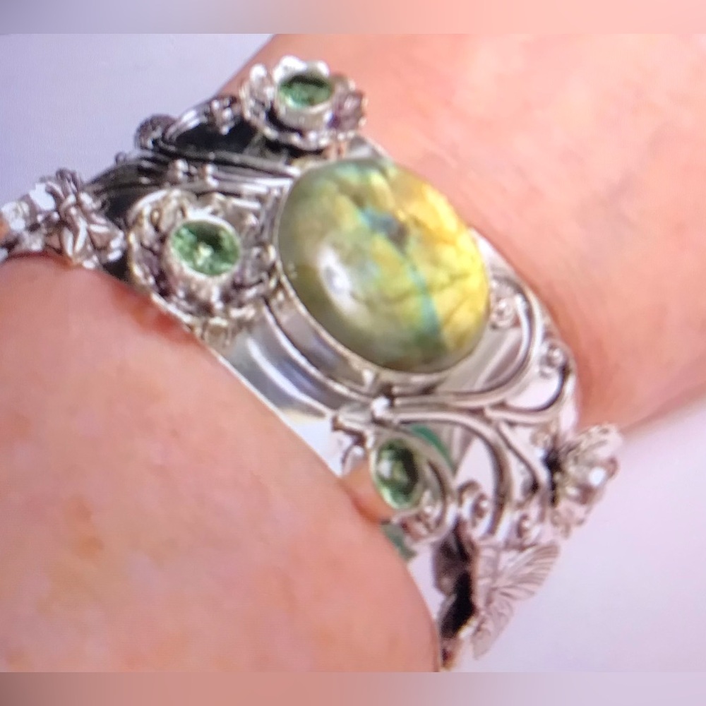 Labradorite Peridot Stamped 925 Sterling Silver Cuff Bracelet